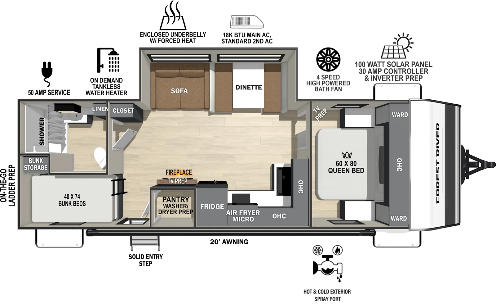 The Ibex New Trail Edition TRAIL26 floorplan has one entry and one slide out. Exterior features include: fiberglass exterior and 20' awning. Interiors features include: bunk beds and front bedroom.
